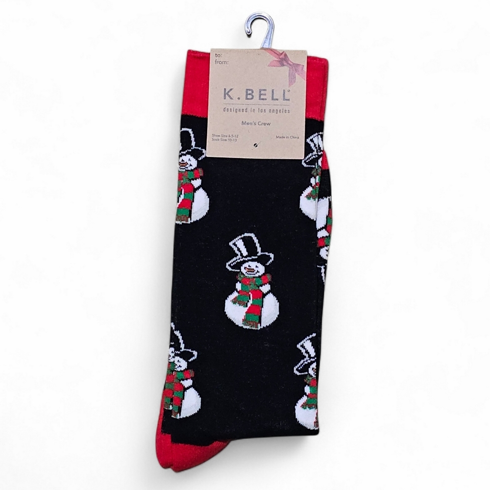 K. Bell Men's Crew novelty CHRISTMAS Holiday socks SnowmanShoe size 6.5 - 12